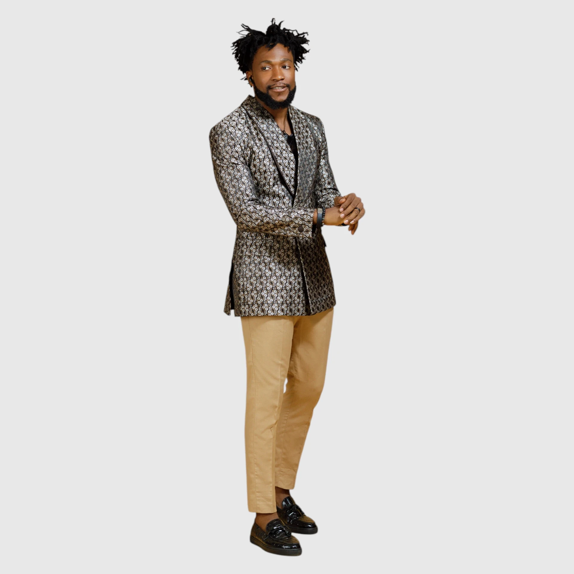 Flowery Pattern Blazer with Beige Pants — view 2